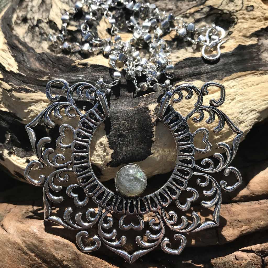 Agilaz Silver Plated Necklace-JEWELLERY / NECKLACE & PENDANT-Gopal Brass Man (IND)-Labradorite-The Outpost NZ