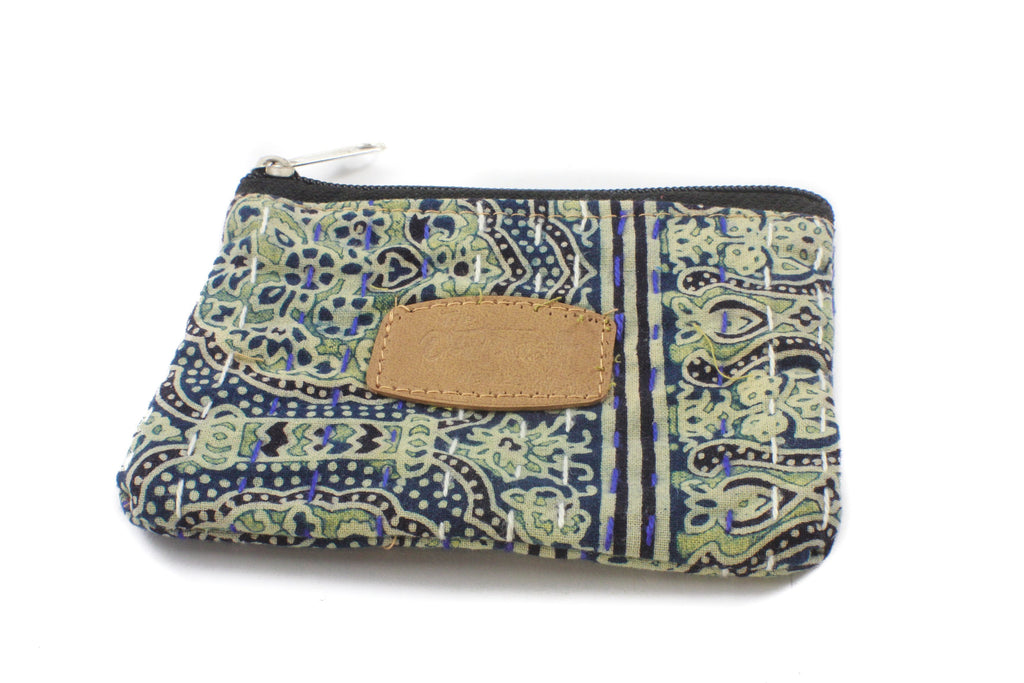 Block Print Pouches-ACCESSORIES / PURSES & WALLETS-BRIJWASI (IND)-Navy/Green-Single Zip-Small-The Outpost NZ