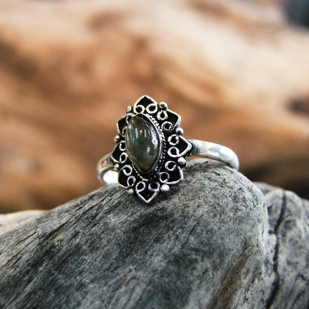 Dewdrop Ring-JEWELLERY / RINGS-Gopal Brass Man (IND)-Silver Plated-Labrodorite-The Outpost NZ