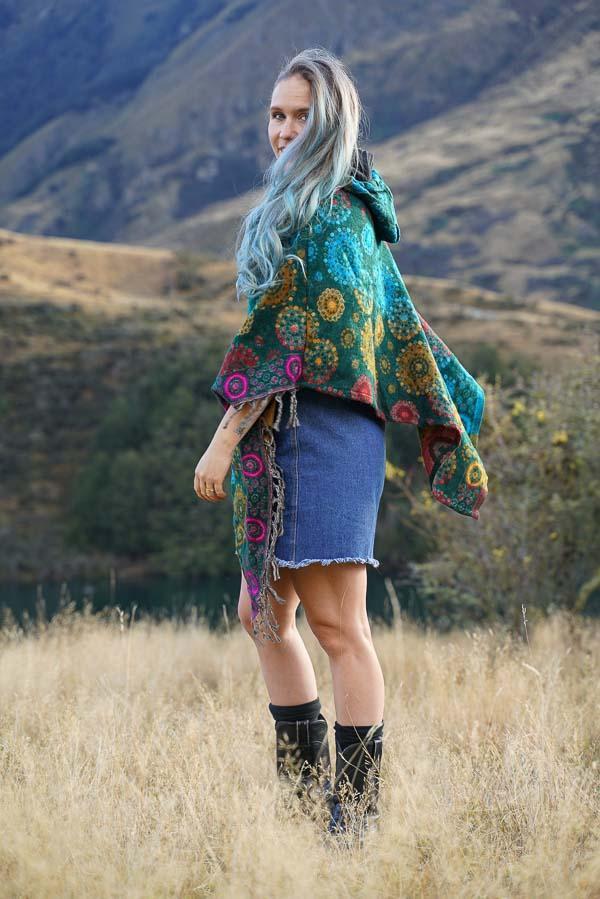 Diamond Poncho-CLOTHING / PONCHO-ASBA Exports (IND) discontinue-Green-Mandala-The Outpost NZ