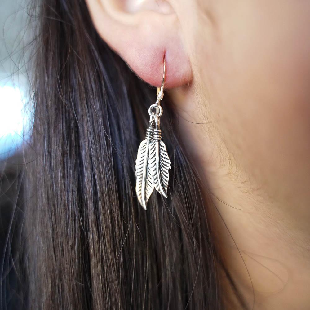 Double Feather Drop Silver Earrings-JEWELLERY / EARRINGS-Mimi Silver (THA)-The Outpost NZ