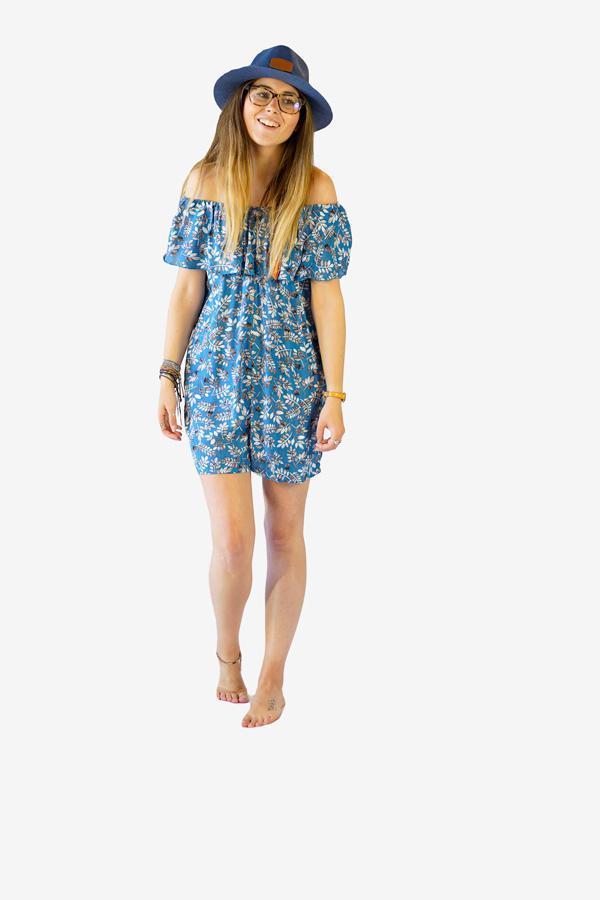 Frill Bardot Playsuit-CLOTHING / JUMPSUIT-Big Colour (THA)-Leaf-Blue-The Outpost NZ