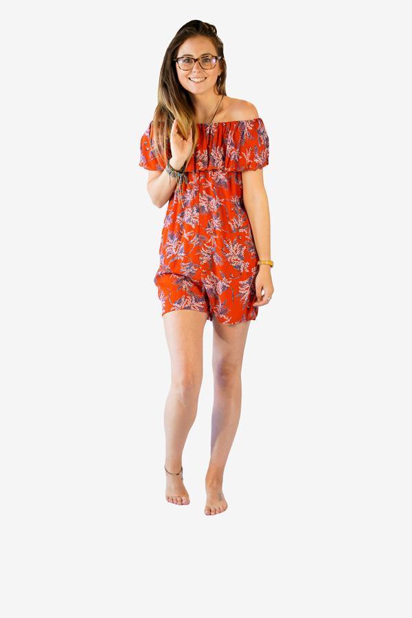 Frill Bardot Playsuit-CLOTHING / JUMPSUIT-Big Colour (THA)-Spray Blossom-Red-The Outpost NZ
