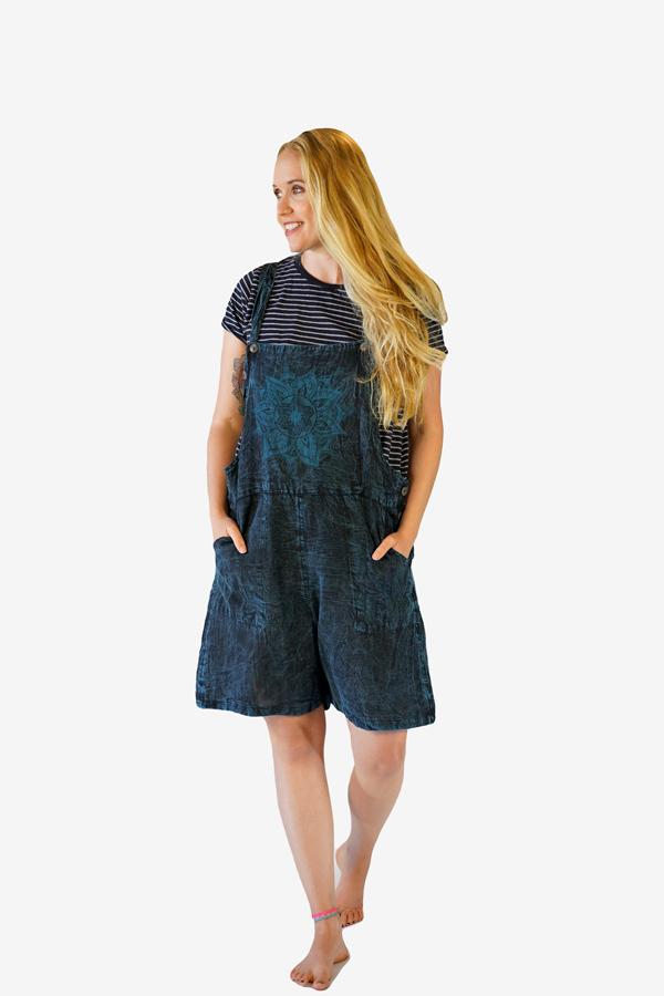 Print Dungarees Shorts-CLOTHING / DUNGAS-Mt Fashion (NEP)-Mandala-Blue-XL-The Outpost NZ