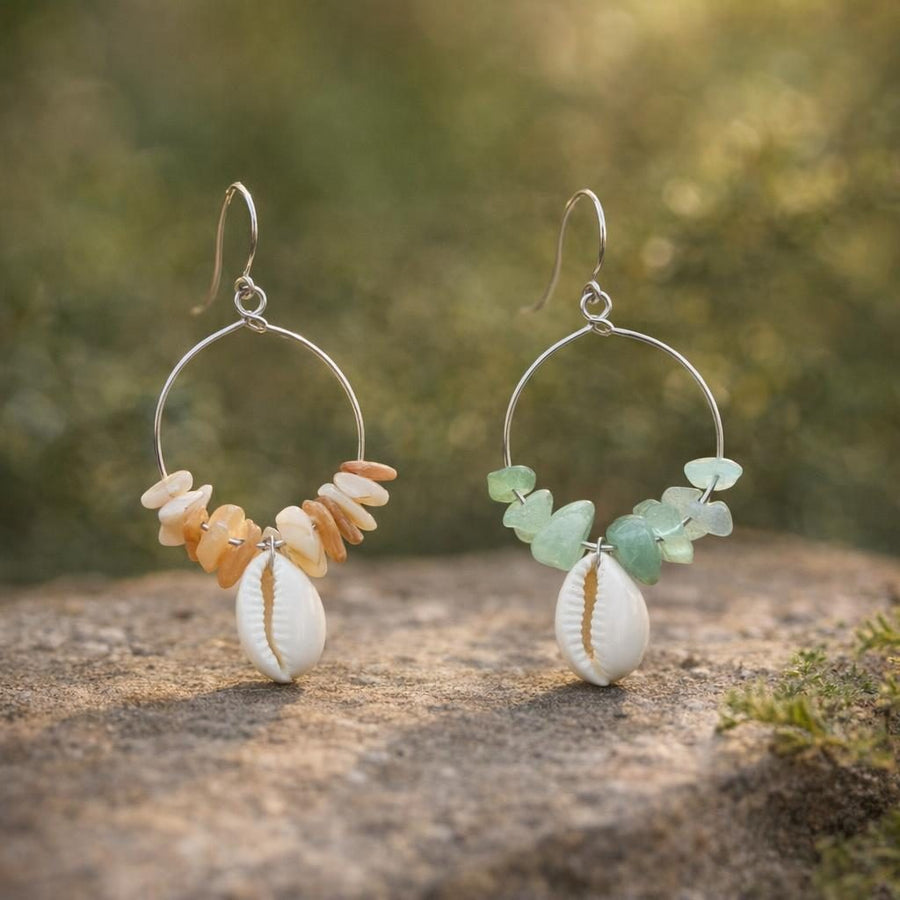 Cowrie Shell Gemstone Chip Hoop Earrings [anookz:eddec5f8-2d41-464d-9731-560fa09a1f5f]
