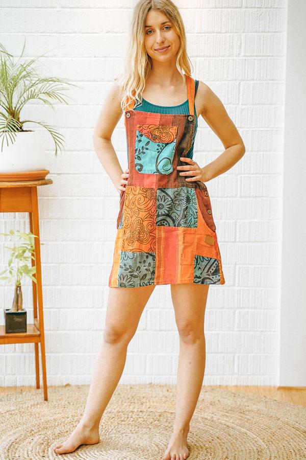 Wave Patchwork Cotton Dungaree Dress - The Outpost NZ