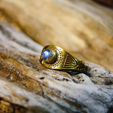Aztec Brass Ring-JEWELLERY / RINGS-Gopal Brass Man (IND)-Labradorite-The Outpost NZ