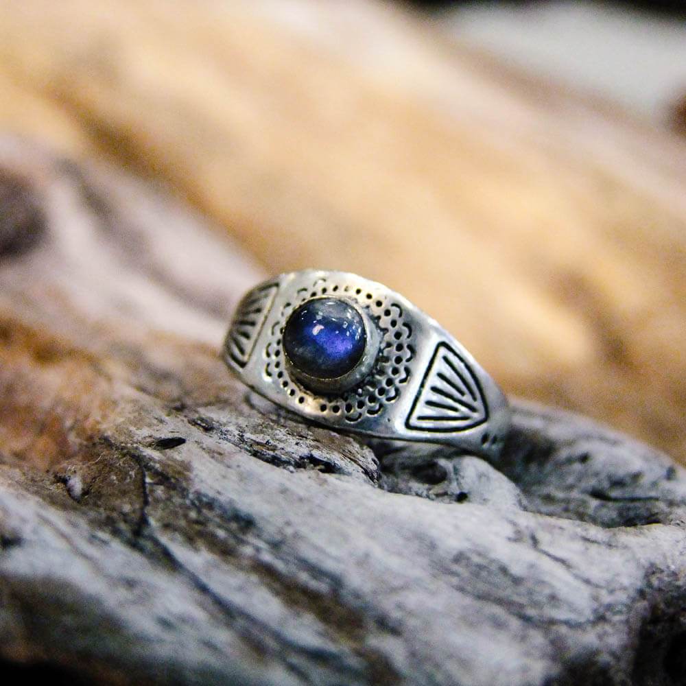 Aztec Silver Plated Ring-JEWELLERY / RINGS-Gopal Brass Man (IND)-Lapis Lazuli-The Outpost NZ