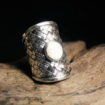 Basket Stone Wide Silver Ring-JEWELLERY / RINGS-Jewelery Center (THA)-Mother of Pearl-58-The Outpost NZ