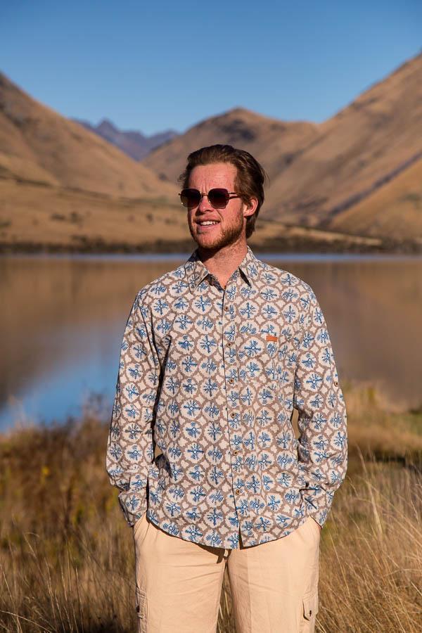 Beaumont Block Print Long Sleeve Cotton Shirts-CLOTHING / SHIRTS-Holi Fashion (IND)-Turquoise-M-The Outpost NZ[Mens]