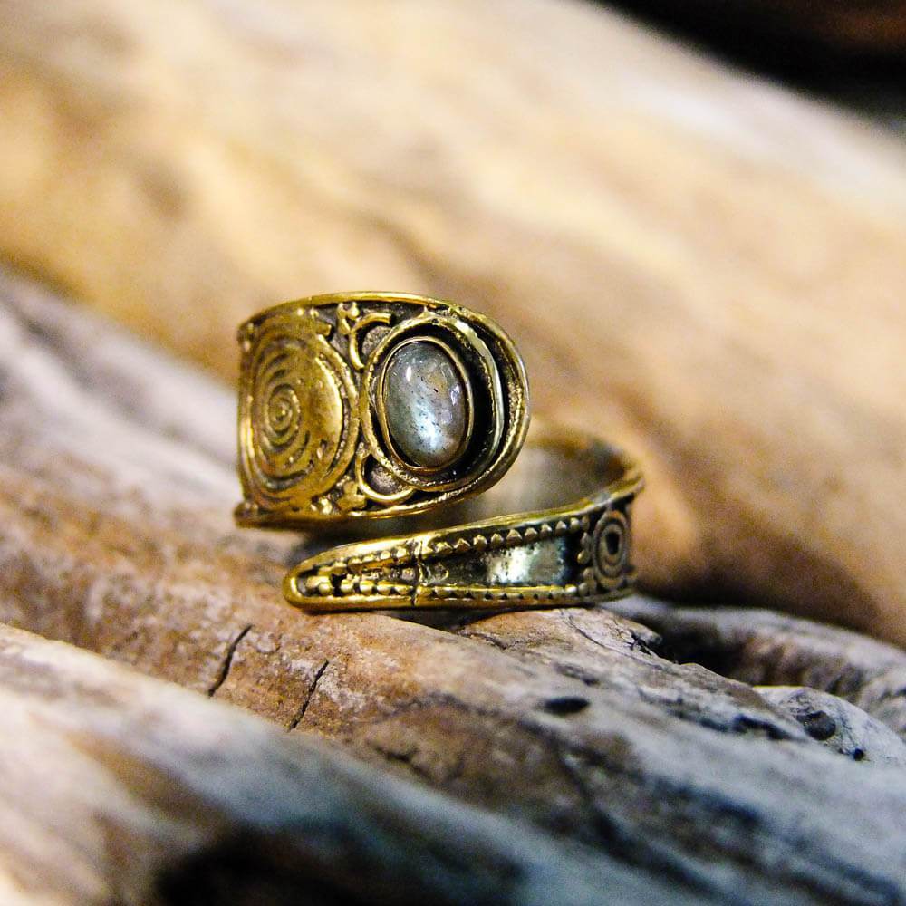 Bidita Stone Brass Ring-JEWELLERY / RINGS-Gopal Brass Man (IND)-Labradorite-The Outpost NZ