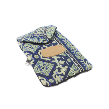 Block Print Mobile Pouch-ACCESSORIES / PURSES & WALLETS-BRIJWASI (IND)-Navy/Green-The Outpost NZ