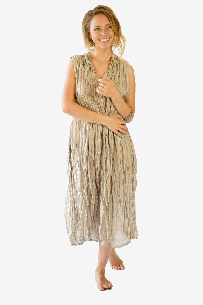 Cotton Pencil Pleated Front Dress-CLOTHING / DRESS-Faisamdin (THA)-Beige-The Outpost NZ
