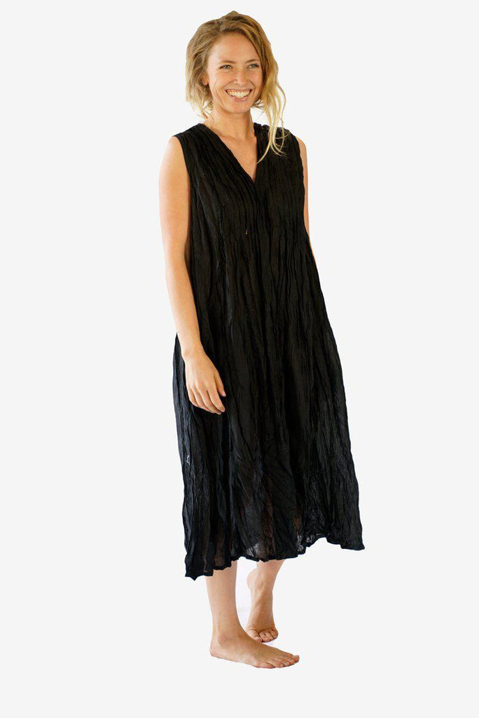 Cotton Pencil Pleated Front Dress-CLOTHING / DRESS-Faisamdin (THA)-Black-The Outpost NZ