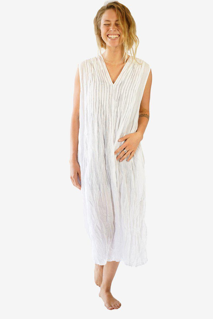 Cotton Pencil Pleated Front Dress-CLOTHING / DRESS-Faisamdin (THA)-White-The Outpost NZ