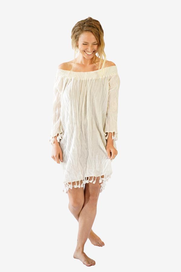 Cotton Smock Tassel Dress-CLOTHING / DRESS-Faisamdin (THA)-Cream-The Outpost NZ