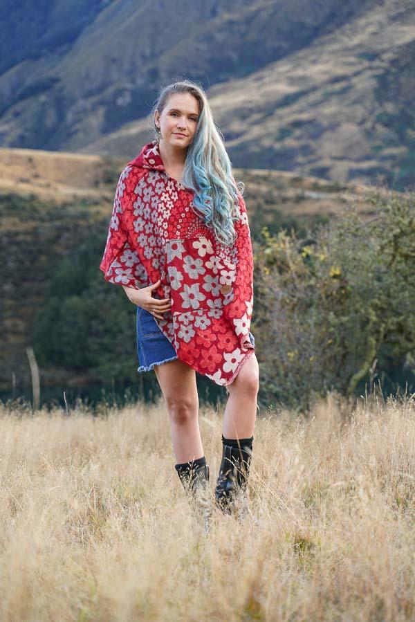 Debra Poncho-CLOTHING / PONCHO-Sweater & Pashmina House (NEP)-Chain Daisies-Red-The Outpost NZ