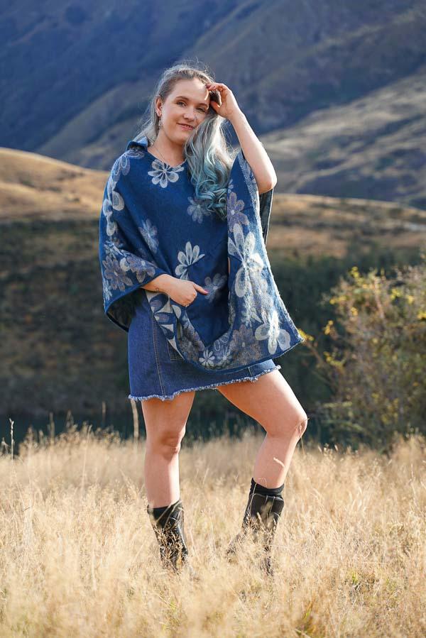 Debra Poncho-CLOTHING / PONCHO-Sweater & Pashmina House (NEP)-Floral-Blue-The Outpost NZ