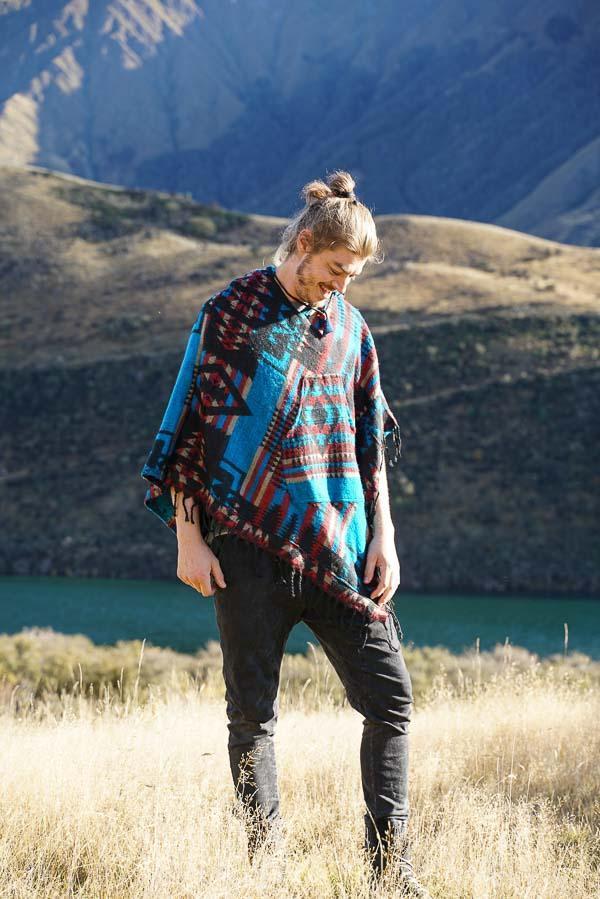 Diamond Poncho-CLOTHING / PONCHO-ASBA Exports (IND) discontinue-Turquoise-Checkered-The Outpost NZ