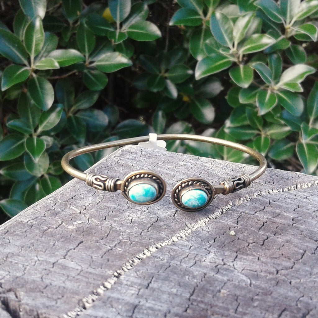 Double Stone Oval Brass Bangle-JEWELLERY / BANGLE-Not specified-Howlite-The Outpost NZ