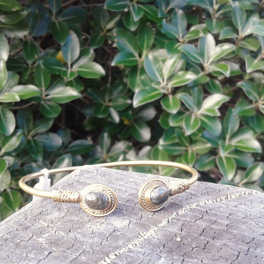 Double Stone Oval Brass Bangle-JEWELLERY / BANGLE-Not specified-Labradorite-The Outpost NZ