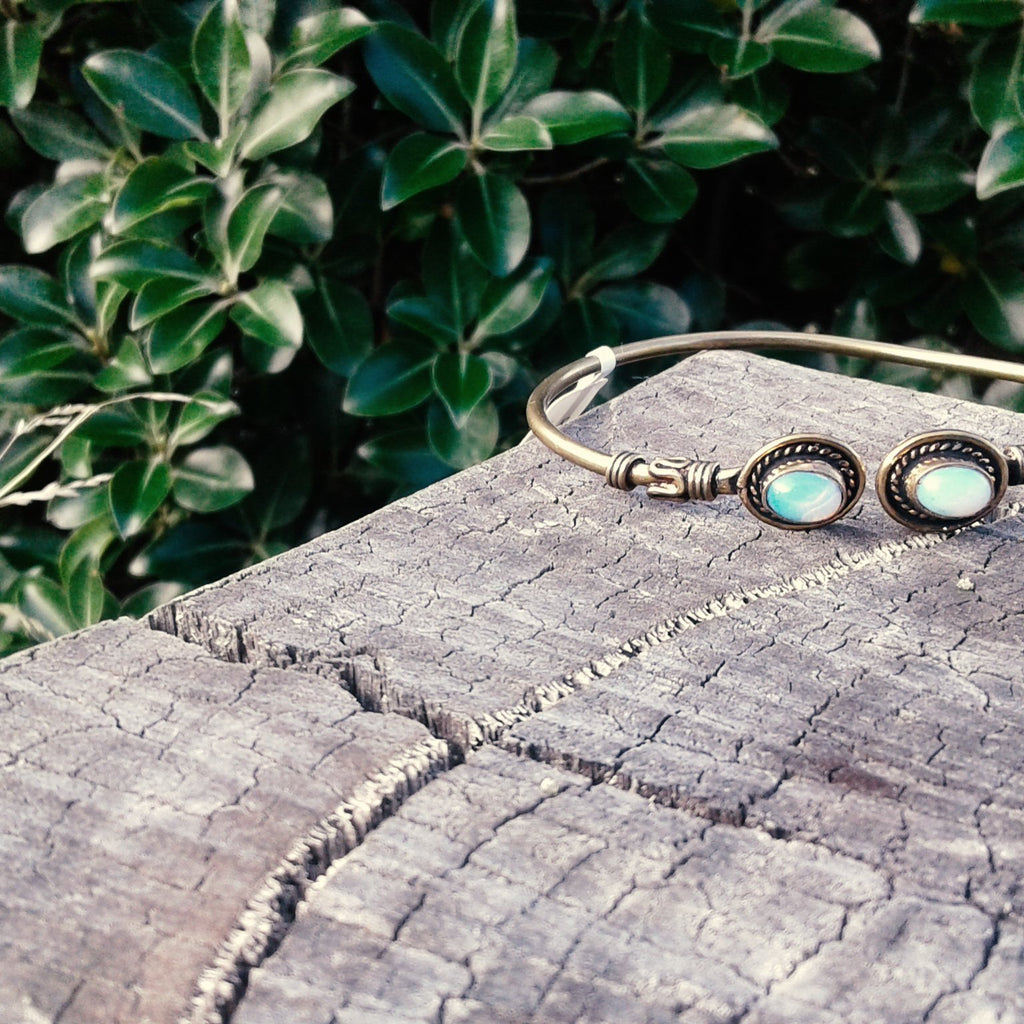 Double Stone Oval Brass Bangle-JEWELLERY / BANGLE-Not specified-Moonstone-The Outpost NZ