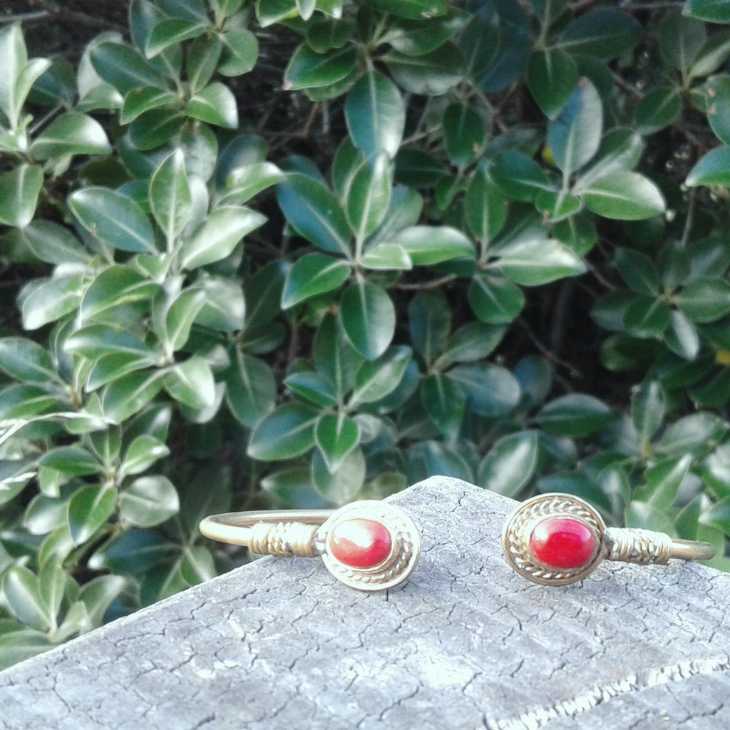 Double Stone Oval Brass Bangle-JEWELLERY / BANGLE-Not specified-Red-The Outpost NZ