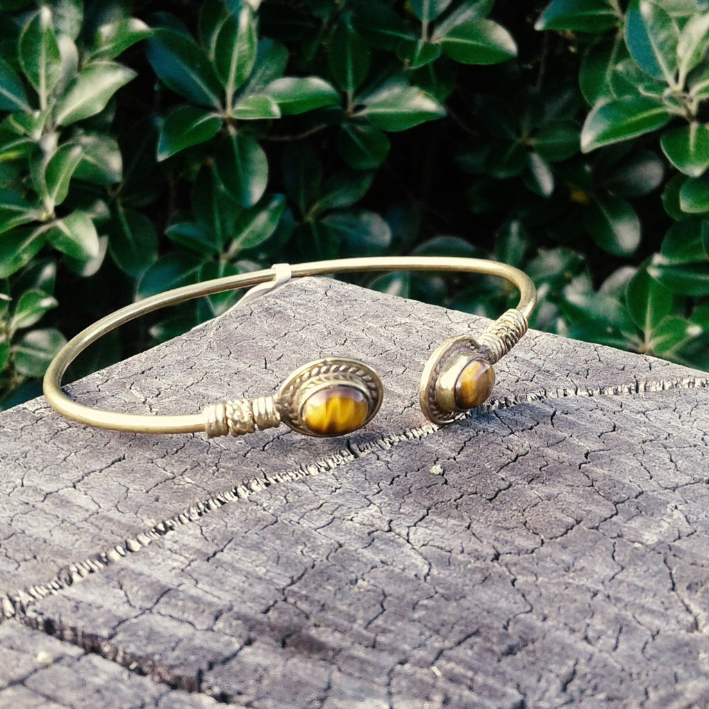 Double Stone Oval Brass Bangle-JEWELLERY / BANGLE-Not specified-Tigers Eye-The Outpost NZ
