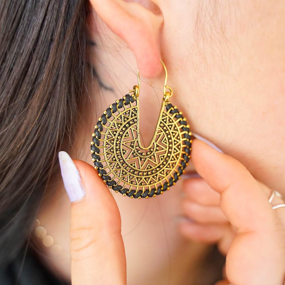 Embroidered Drop Earrings-JEWELLERY / EARRINGS-Jeab and Ru (THA)-Crescent Moon-Black-The Outpost NZ