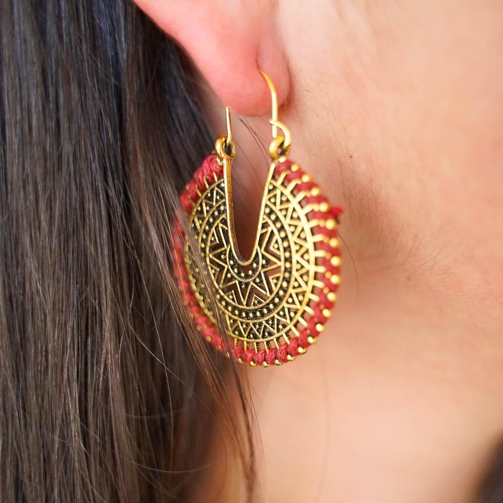 Embroidered Drop Earrings-JEWELLERY / EARRINGS-Jeab and Ru (THA)-Crescent Moon-Red-The Outpost NZ