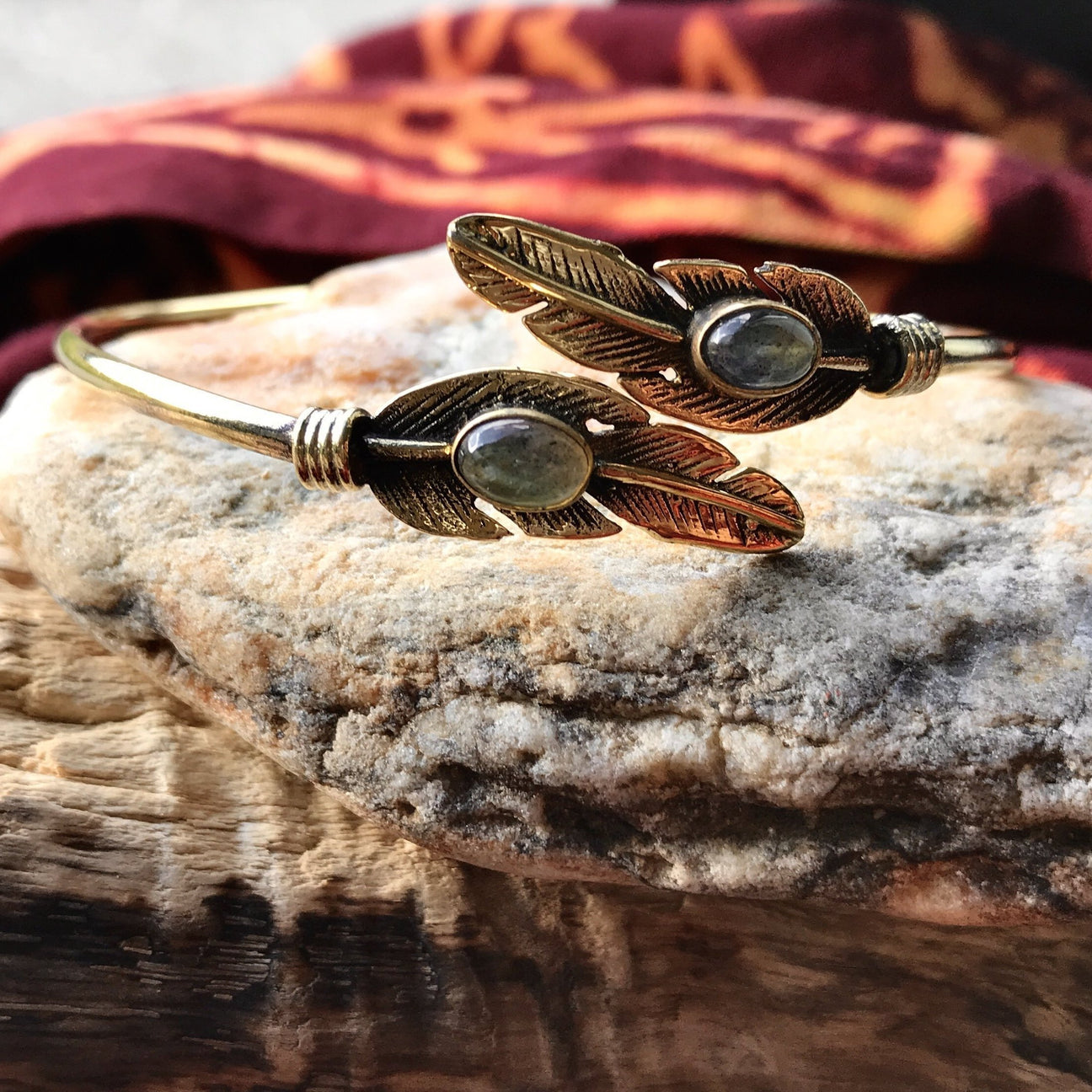 Feather Brass Bangle-JEWELLERY / BANGLE-Gopal Brass Man (IND)-Labradorite-The Outpost NZ