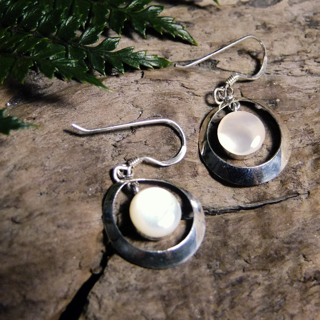 Floating Silver Earrings-JEWELLERY / EARRINGS-1000 Design (THA)-Mother of Pearl-Crescent 16mm-The Outpost NZ