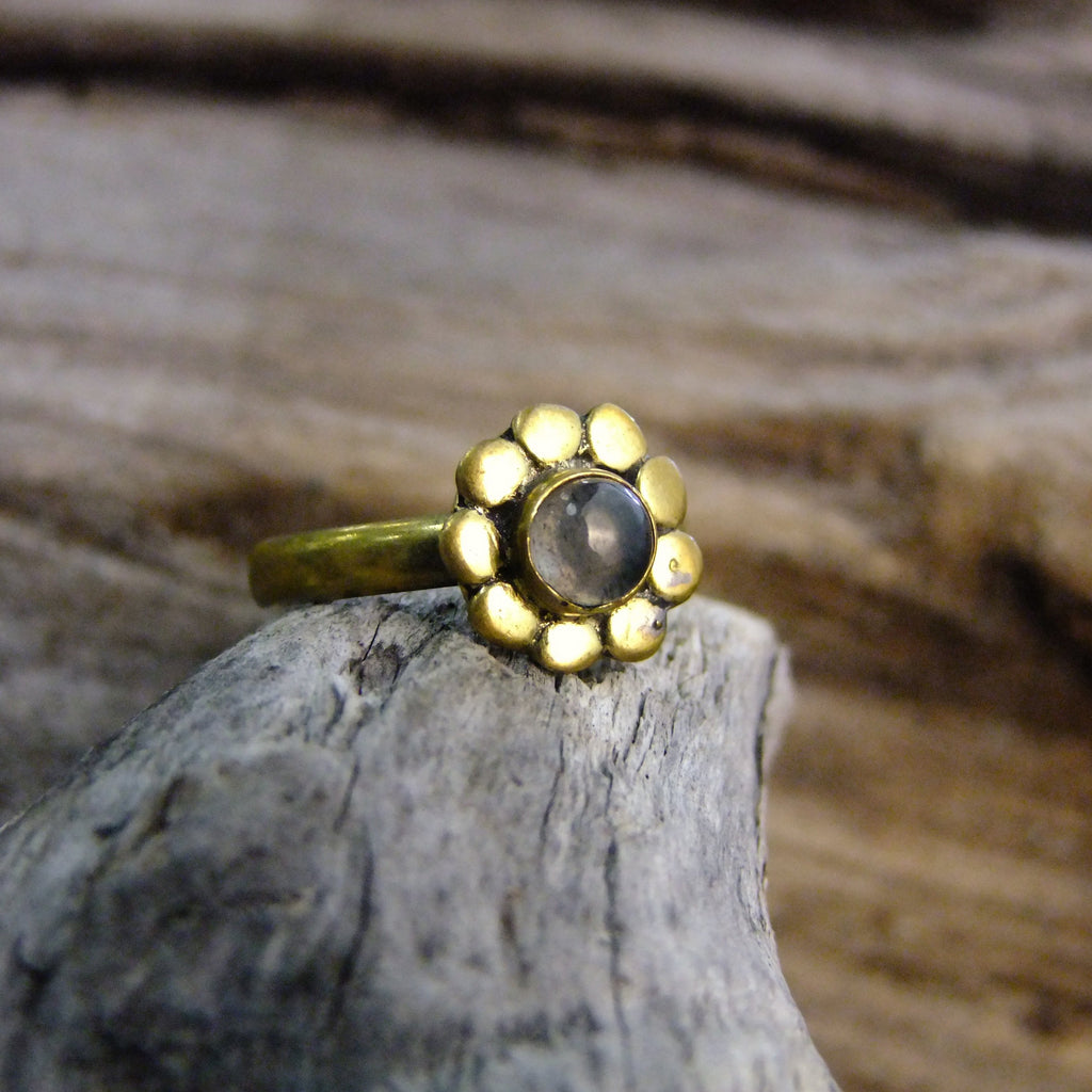 Flower Stone Brass Ring-JEWELLERY / RINGS-Gopal Brass Man (IND)-Labradorite-The Outpost NZ