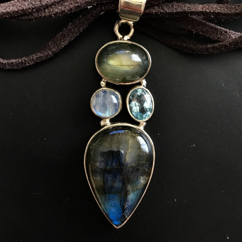 Labradorite Moonstone Aquamarine Pendant-JEWELLERY / NECKLACE & PENDANT-India Silver Jewels (IND)-The Outpost NZ