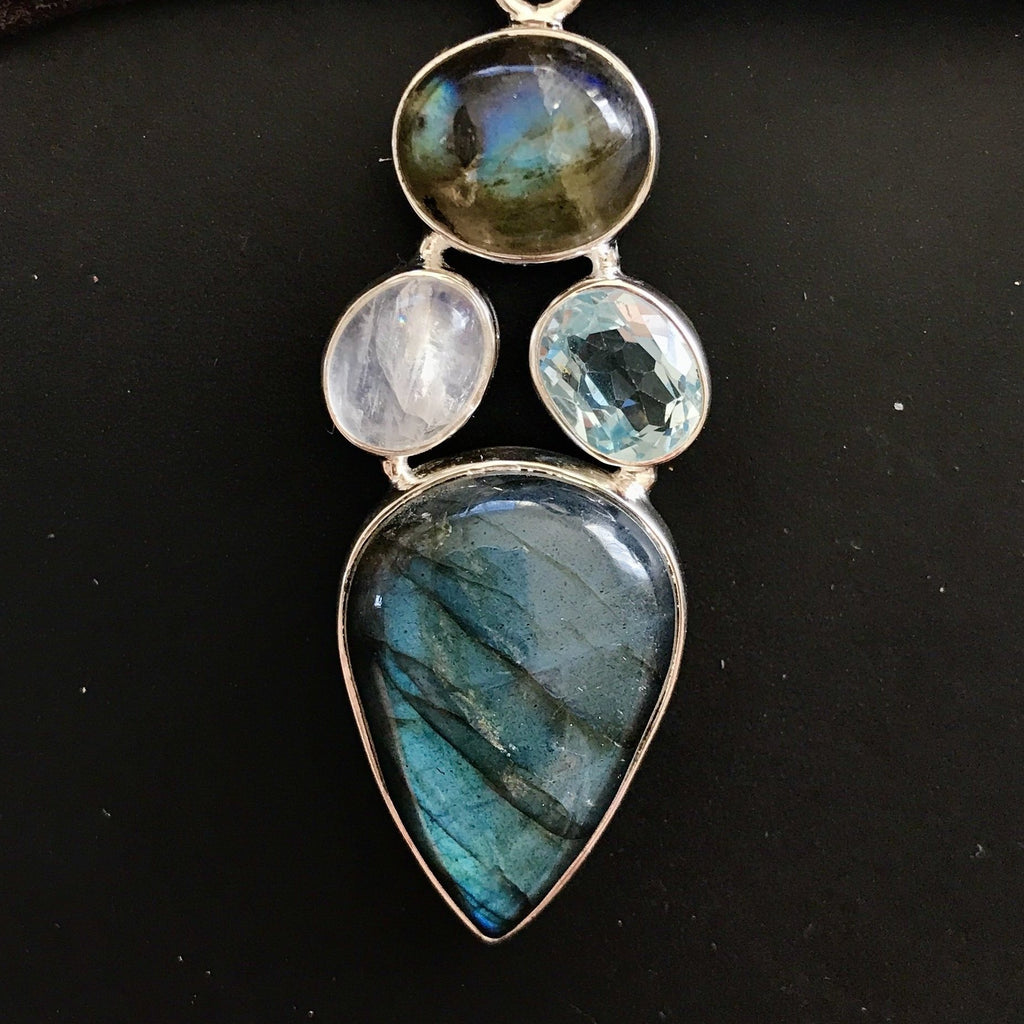 Labradorite Moonstone Aquamarine Pendant-JEWELLERY / NECKLACE & PENDANT-India Silver Jewels (IND)-The Outpost NZ