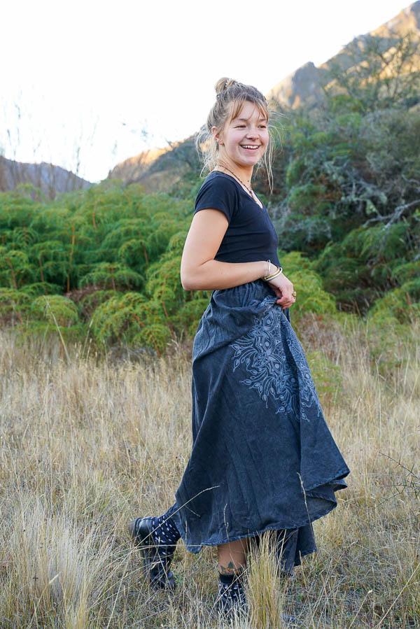 Lana Long Stonewash Skirt-CLOTHING / SKIRT-Mt Fashion (NEP)-Black-Front Mandala-The Outpost NZ