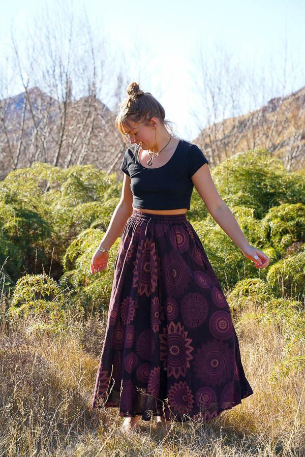 Lana Long Stonewash Skirt-CLOTHING / SKIRT-Mt Fashion (NEP)-Red-Front Mandala-The Outpost NZ