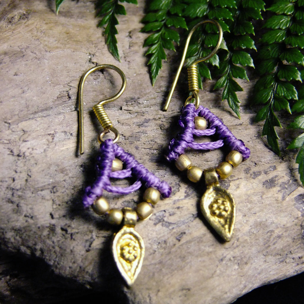 Leaf Charm Macrame Earrings-JEWELLERY / EARRINGS-Ganesh Macrame (IND)-Purple-The Outpost NZ