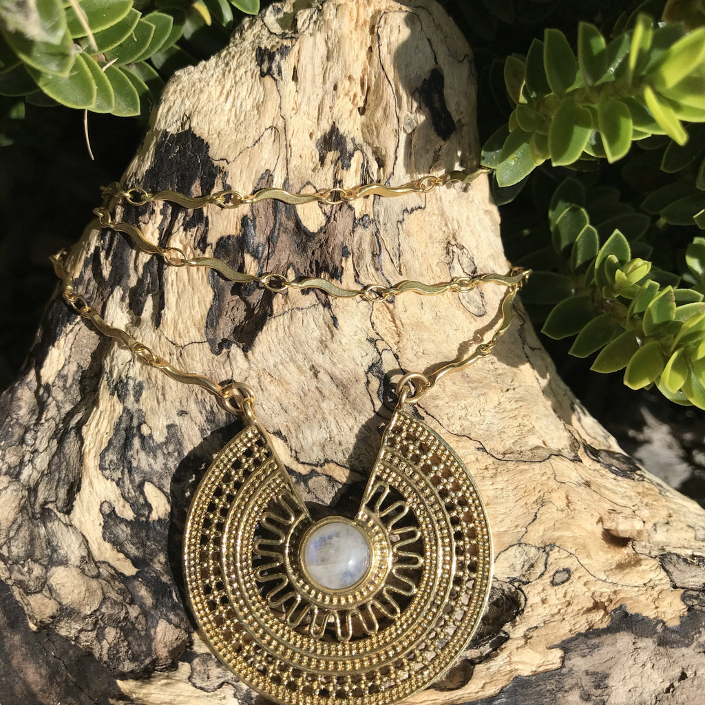 Medalla Stone Brass Necklace-JEWELLERY / NECKLACE & PENDANT-Gopal Brass Man (IND)-Moonstone-The Outpost NZ