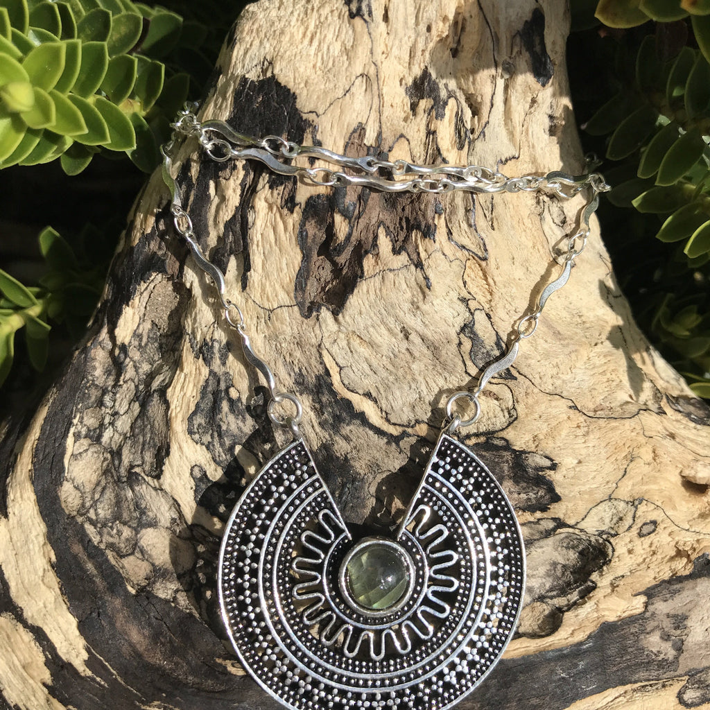 Medalla Stone Silver Plated Necklace-JEWELLERY / NECKLACE & PENDANT-Gopal Brass Man (IND)-Labradorite-The Outpost NZ