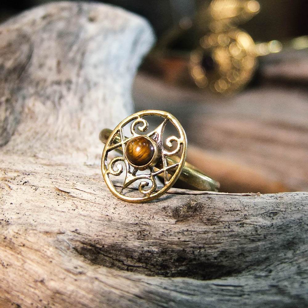 Oval Koru Stone Brass Ring-JEWELLERY / RINGS-Gopal Brass Man (IND)-Moonstone-The Outpost NZ