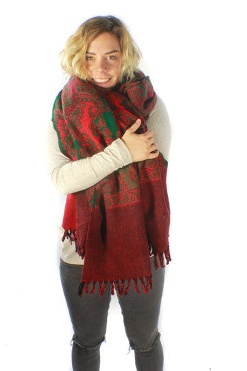 Paisley Border Shawl-ACCESSORIES / SCARVES-Gujral Fashion (IND) XX BAD SUPPLIER XX >:(-Red/Green-The Outpost NZ