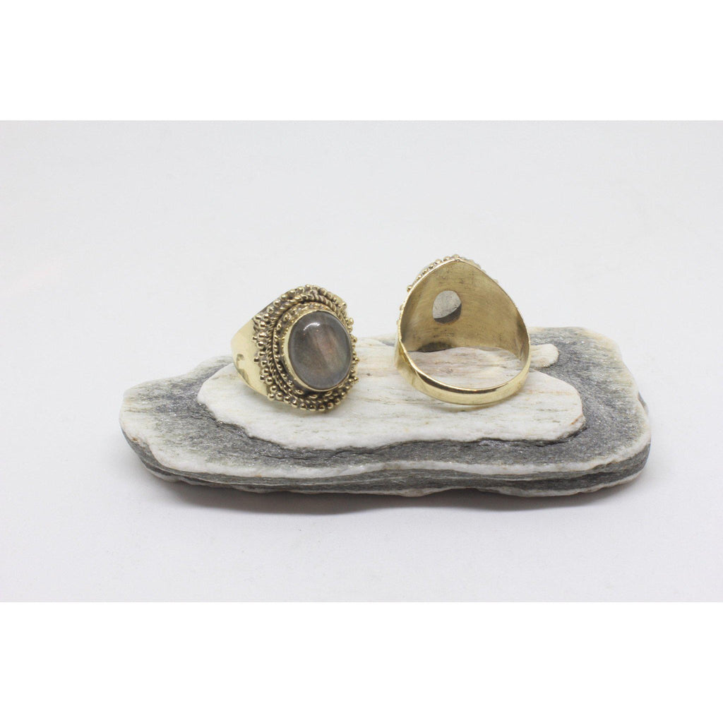 Pauletta Brass Ring-JEWELLERY / RINGS-Gopal Brass Man (IND)-Labradorite-The Outpost NZ