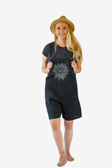 Print Dungarees Shorts-CLOTHING / DUNGAS-Mt Fashion (NEP)-Mandala-Black-S/M-The Outpost NZ