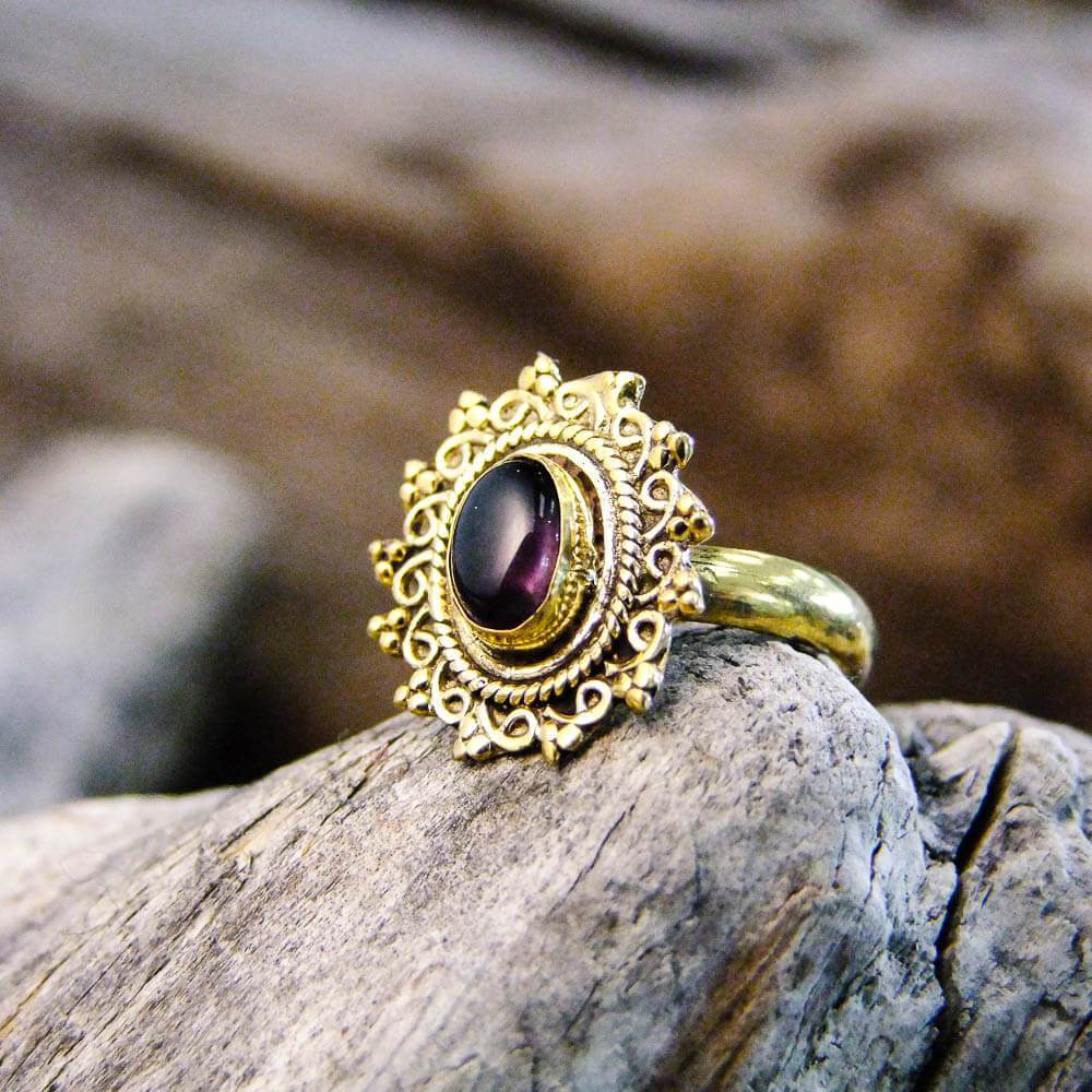 Riva Stone Brass Ring-JEWELLERY / RINGS-Gopal Brass Man (IND)-Amethyst-The Outpost NZ