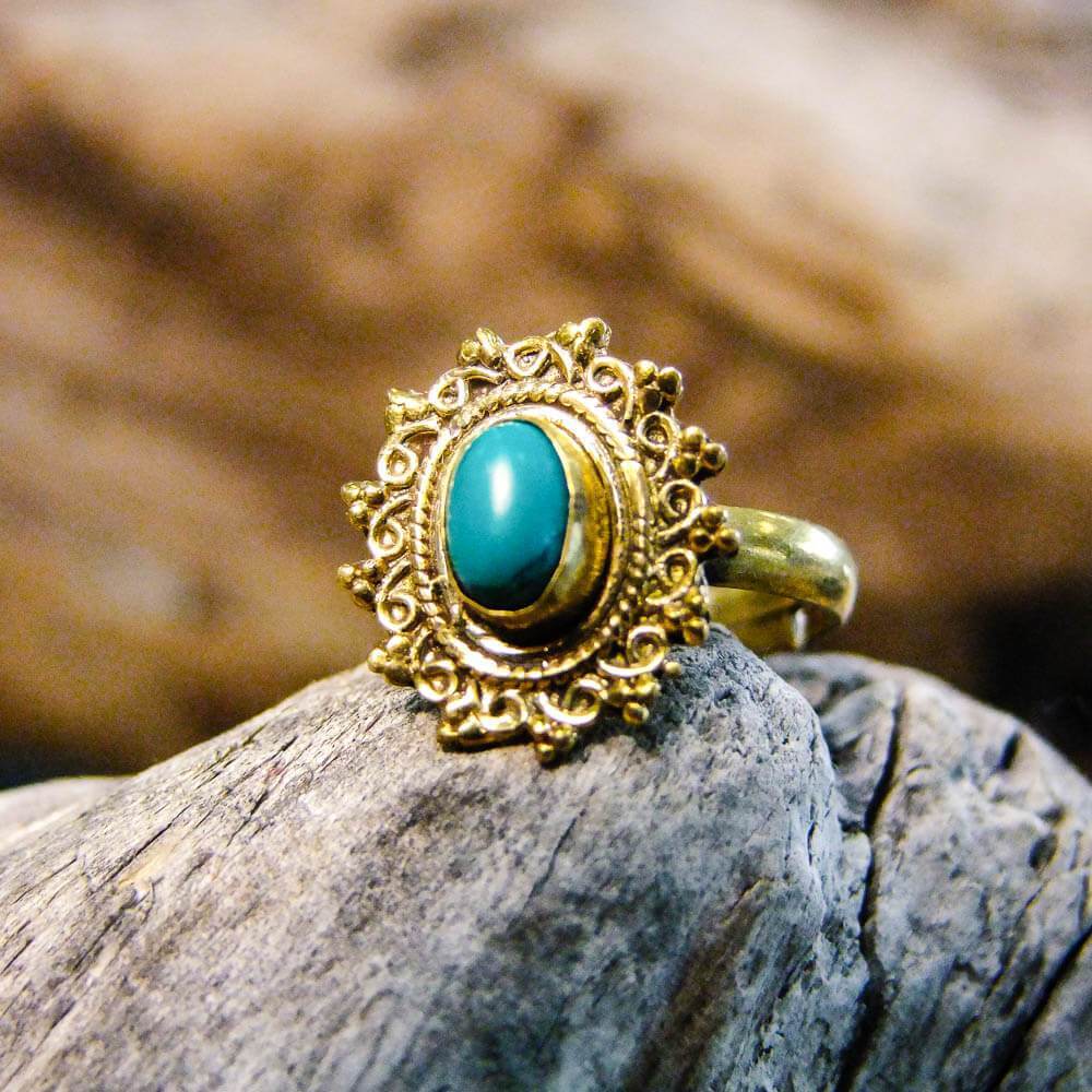 Riva Stone Brass Ring-JEWELLERY / RINGS-Gopal Brass Man (IND)-Howlite-The Outpost NZ