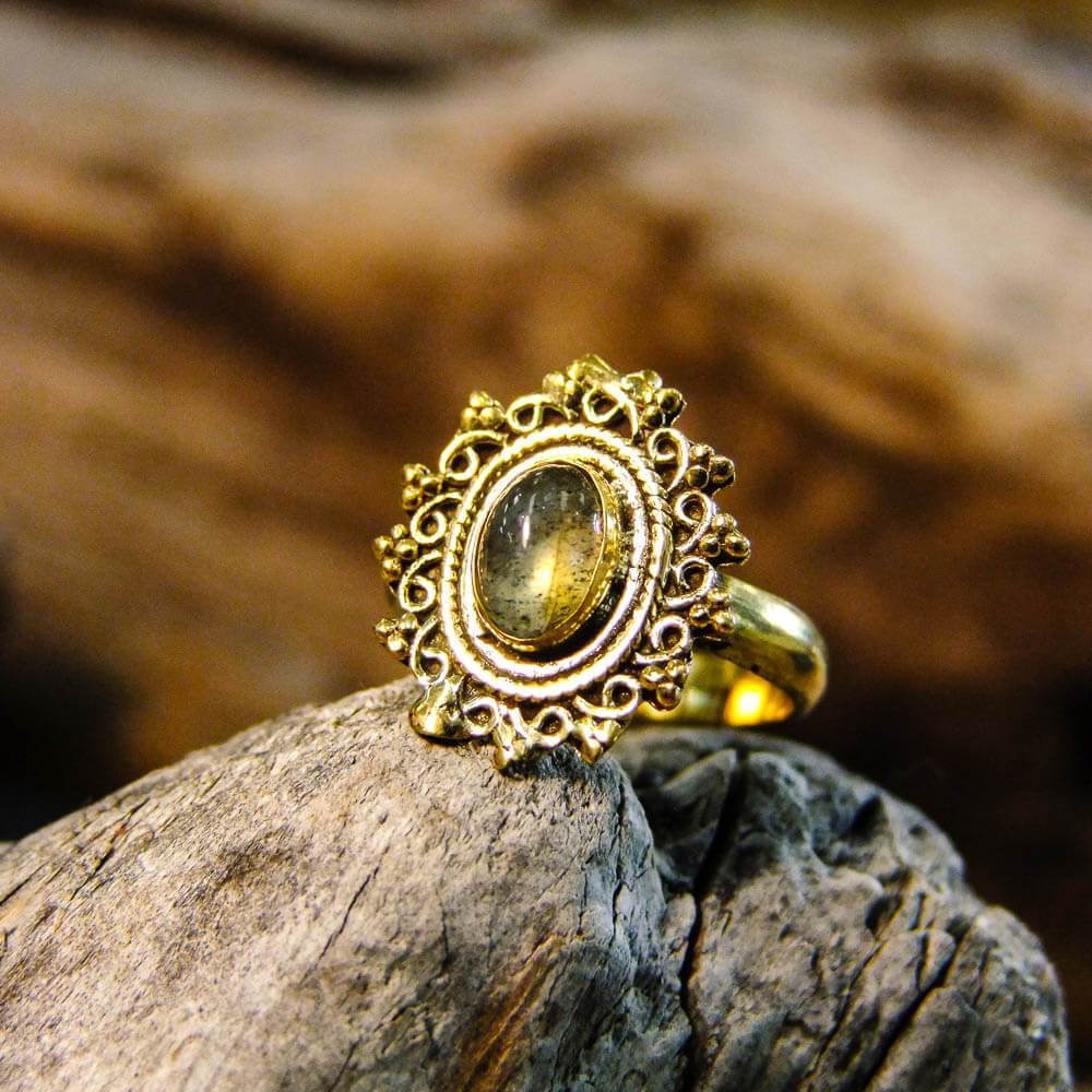 Riva Stone Brass Ring-JEWELLERY / RINGS-Gopal Brass Man (IND)-Labradorite-The Outpost NZ