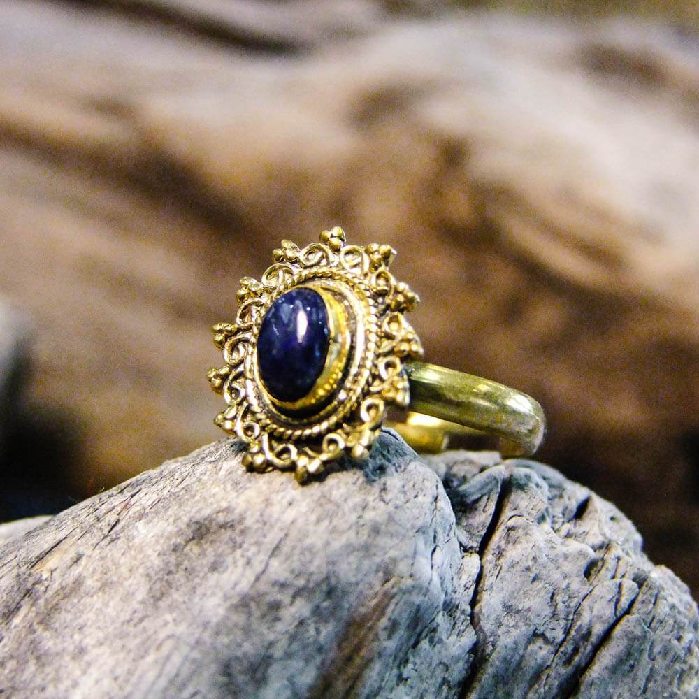 Riva Stone Brass Ring-JEWELLERY / RINGS-Gopal Brass Man (IND)-Lapis Lazuli-The Outpost NZ