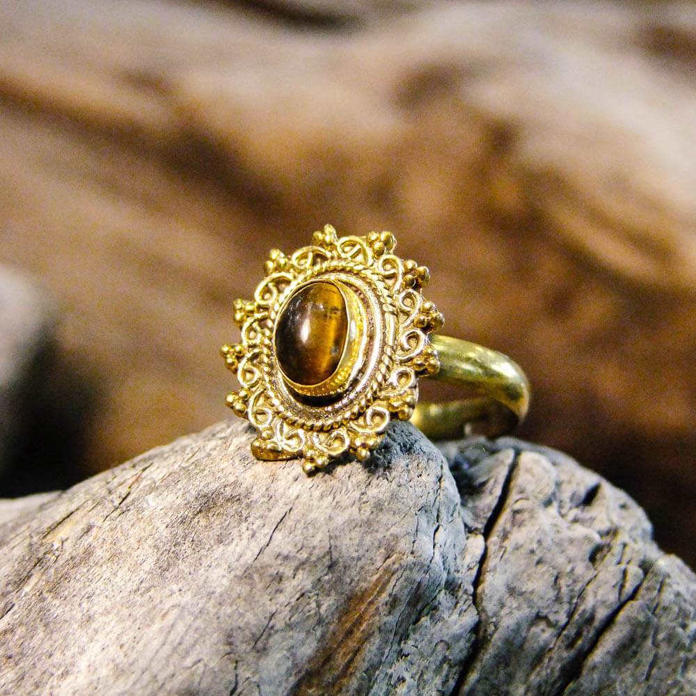 Riva Stone Brass Ring-JEWELLERY / RINGS-Gopal Brass Man (IND)-Tigers Eye-The Outpost NZ