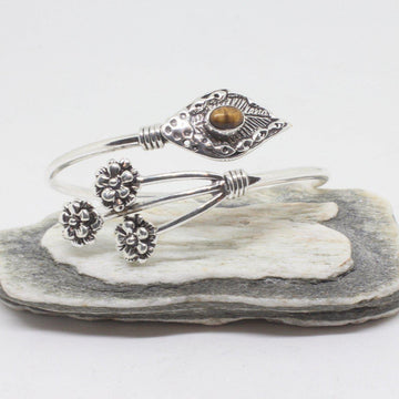 Sprig Stone Silver Plated Bangle-JEWELLERY / BANGLE-Gopal Brass Man (IND)-Tigers Eye-The Outpost NZ